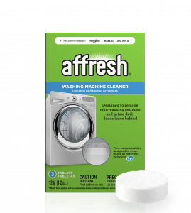 A close-up picture of the 3-count affresh Washing Machine Cleaner package depicting a front-loader washer and a top-load washer, while a single tablet sits in front.