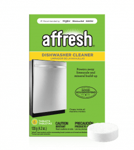 A close-up picture of the affresh® dishwasher cleaner tablet 6-count box and a single tablet in front.