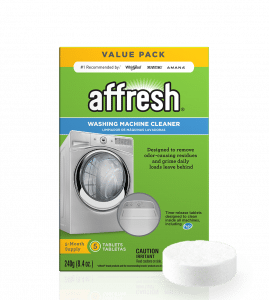 A close-up picture of the 5-count Value Pack of affresh Washing Machine Cleaner tablets to remove residue and mineral buildup monthly for five months.