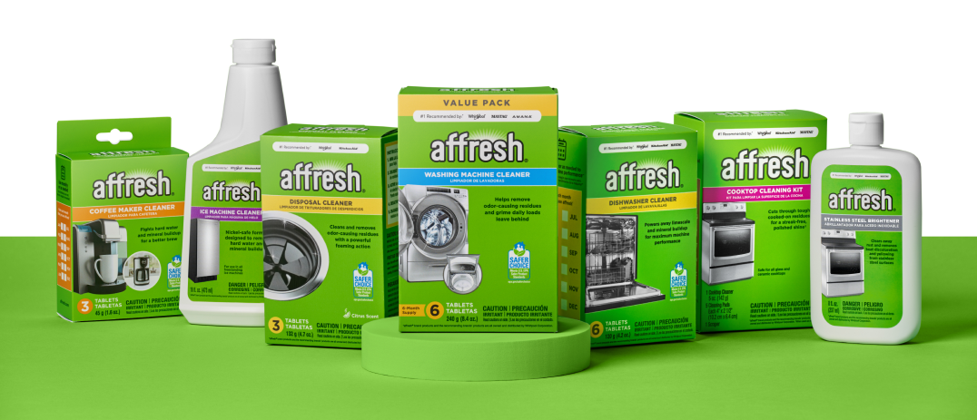 A variety of affresh® cleaning products, including coffee maker cleaner, ice machine cleaner, disposal cleaner, washing machine cleaner, dishwasher cleaner, cooktop cleaning kit, and stainless steel brightener. 