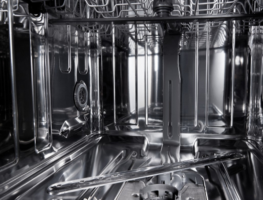 Sparkling silver interior of an empty dishwasher, showcasing the top rack and promoting affresh® dishwasher cleaner.