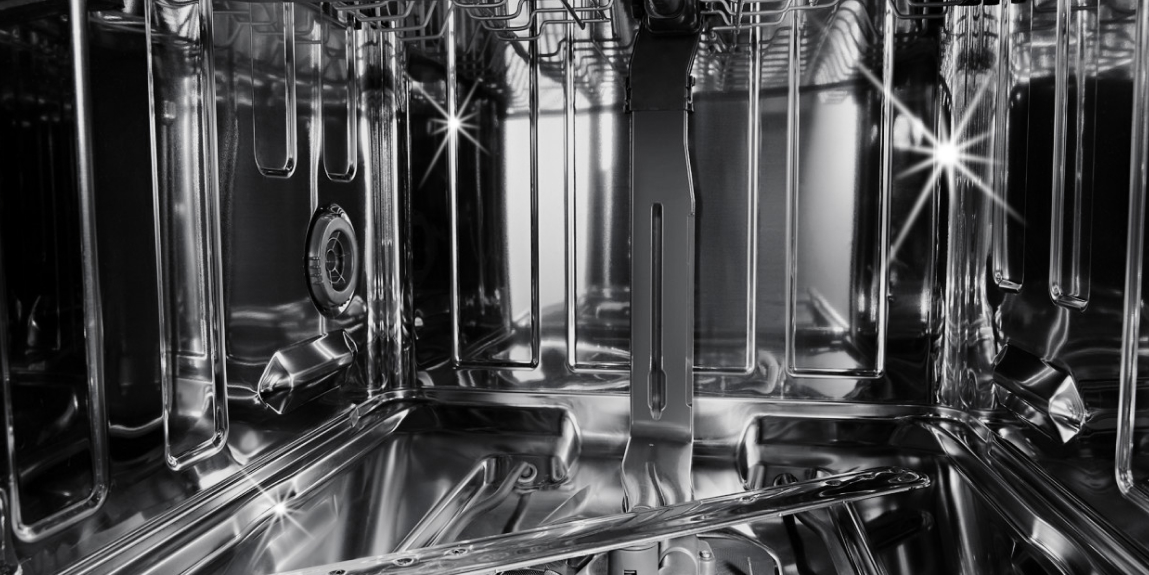 Sparkling clean stainless steel dishwasher interior after cleaning with affresh® dishwasher cleaner.