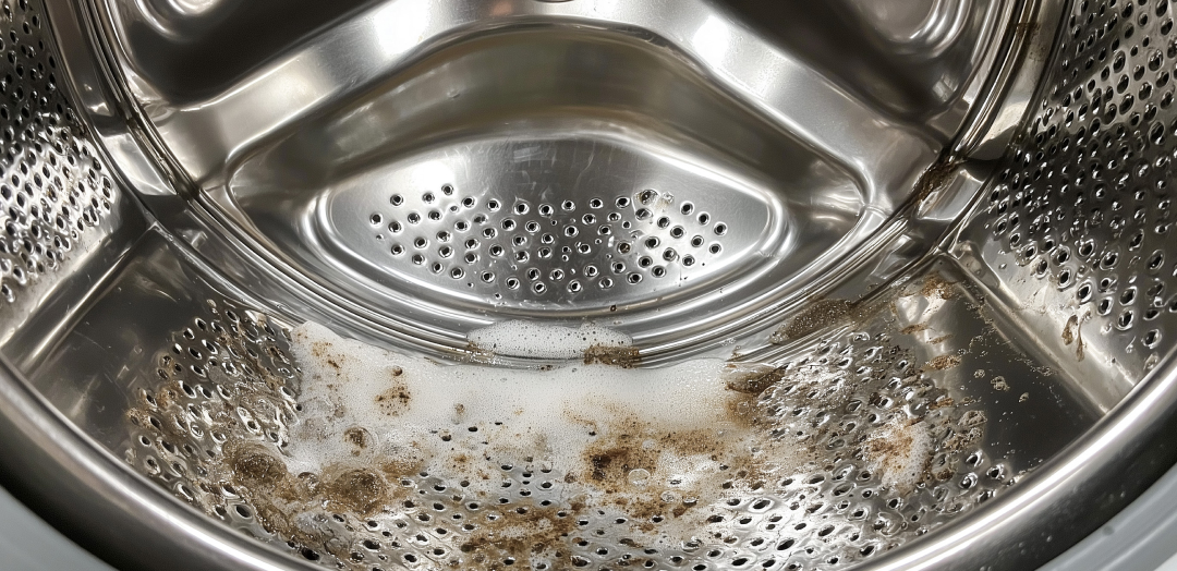 Soap scum buildup in a stainless steel washing machine drum, highlighting the need for affresh® cleaner